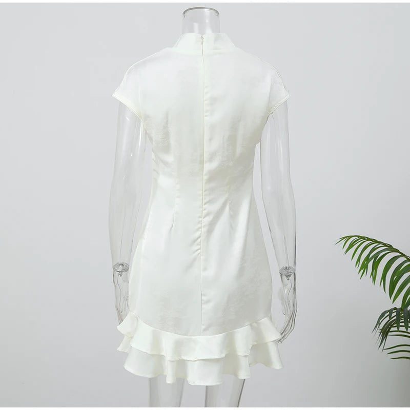 Elegant Satin Irregular Ruffle Hem Mini Dress Women Solid Stand Collar Short Sleeve Slim Dressess 2026 Lady Party Evening Gown