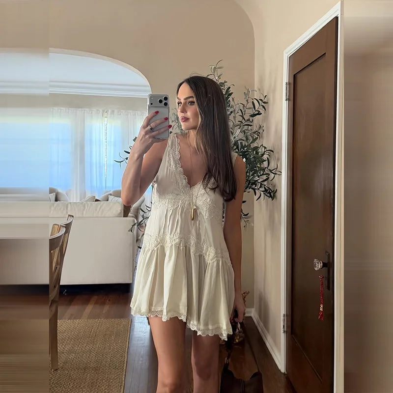 Women's A-Line Dress V-Neck Sleeveless Lace Trim Tiered Flared Casual Daily Wear Dress Stylish Ladies Frock