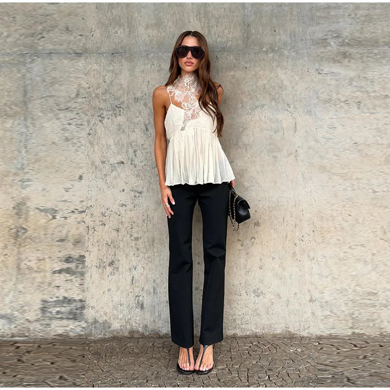 Fashion Asymmetric Floral Lace Halter Neck Cami Women's Sleeveless Chiffon Ruffle Hem Top 2026 Summer Lady Beach Vacation Wear