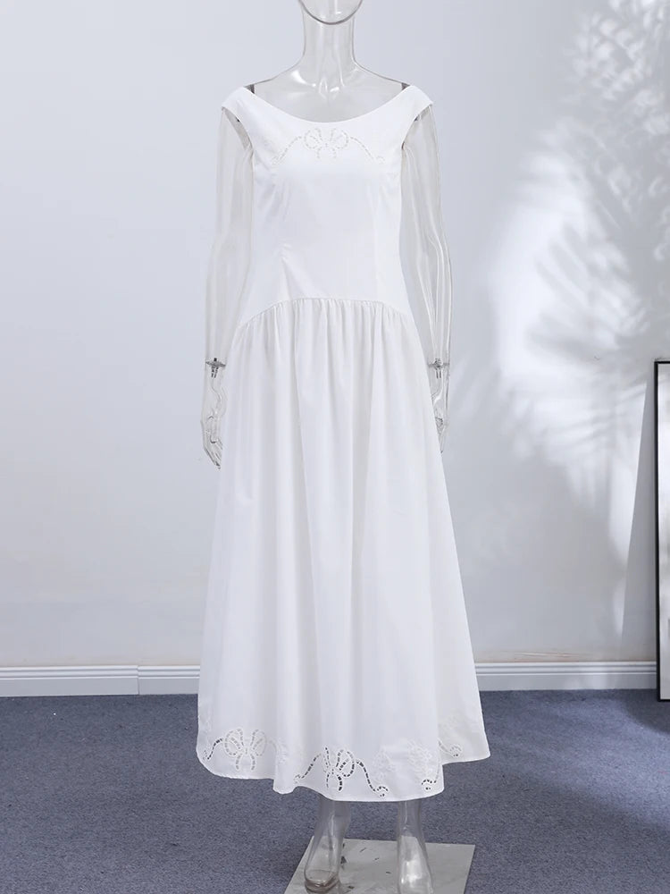 Minimalist White Boat Neck Midi Dress Women Elegant Cap Sleeve A-line Flare Eyelet Embroidery Vestido Wedding  Formal Party Gown