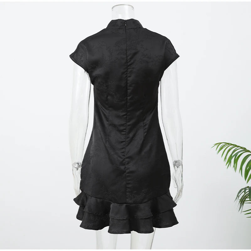 Elegant Satin Irregular Ruffle Hem Mini Dress Women Solid Stand Collar Short Sleeve Slim Dressess 2026 Lady Party Evening Gown
