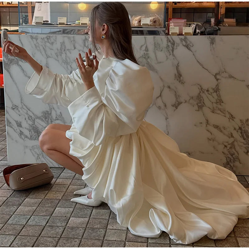 Fashion White Pleated Bubble Skirt Set Women O-neck Full Sleeve Crop Top Chic Puff Skirts Suits 2026 Lady Evening Party Outfit