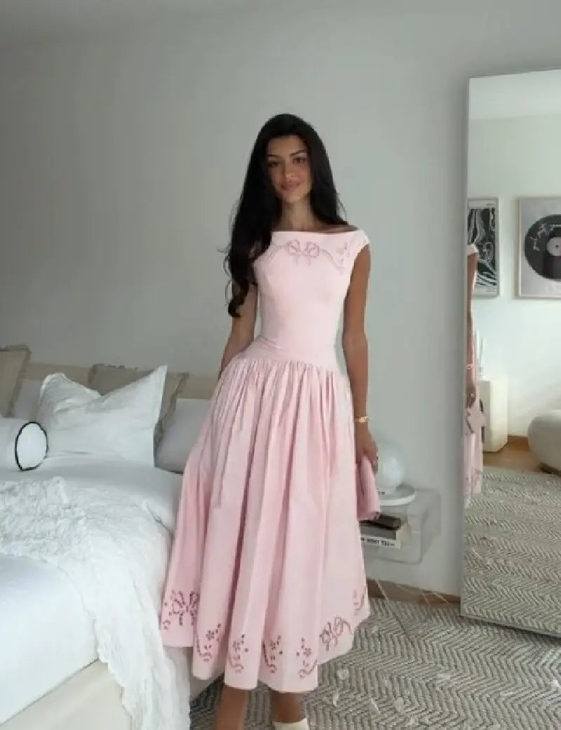 Minimalist White Boat Neck Midi Dress Women Elegant Cap Sleeve A-line Flare Eyelet Embroidery Vestido Wedding  Formal Party Gown