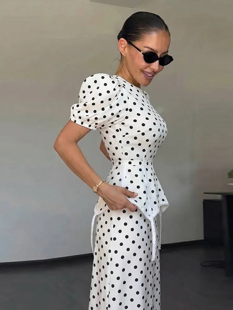 Women's Polka Dot Peplum Waist Dress Round Neck Puff Sleeve Fitted Silhouette Lace Trim Structured Midi Gown Elegant Slim