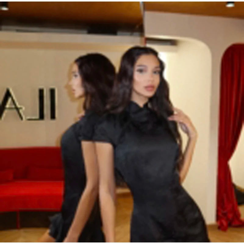 Elegant Satin Irregular Ruffle Hem Mini Dress Women Solid Stand Collar Short Sleeve Slim Dressess 2026 Lady Party Evening Gown