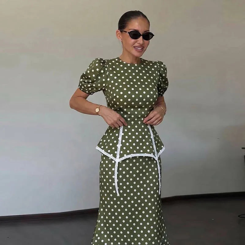 Women's Polka Dot Peplum Waist Dress Round Neck Puff Sleeve Fitted Silhouette Lace Trim Structured Midi Gown Elegant Slim