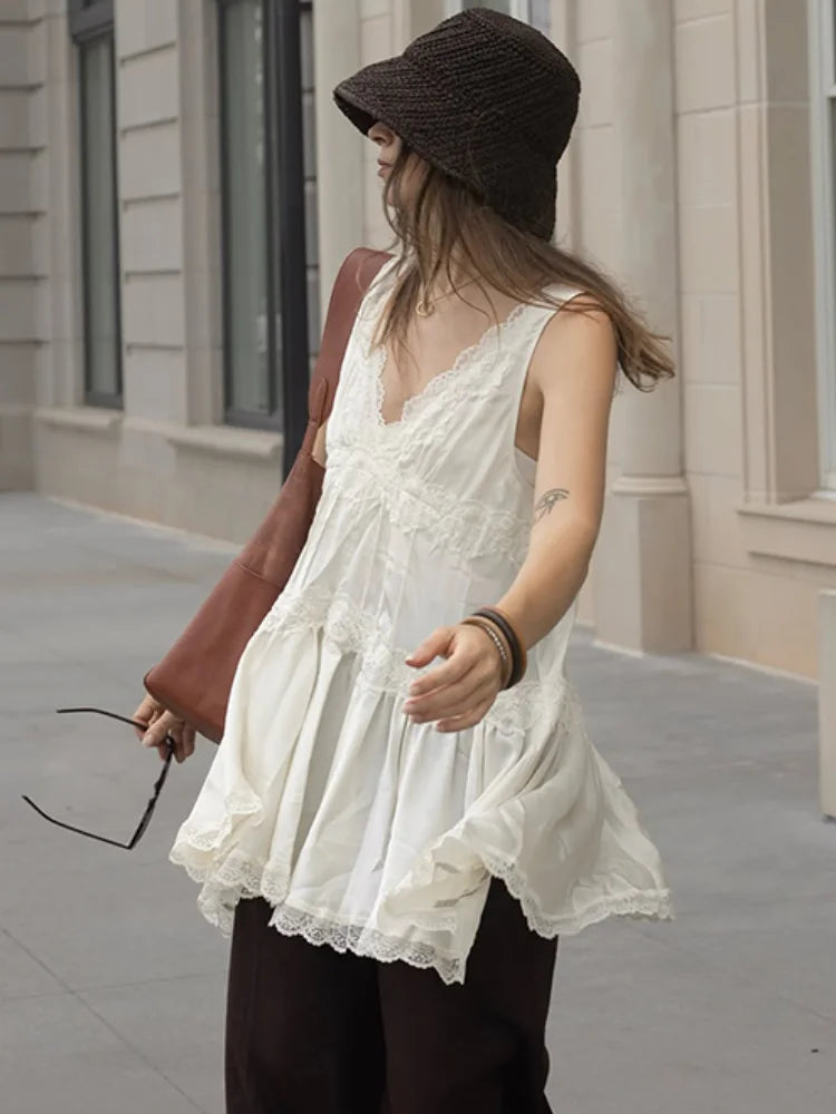 Women's A-Line Dress V-Neck Sleeveless Lace Trim Tiered Flared Casual Daily Wear Dress Stylish Ladies Frock