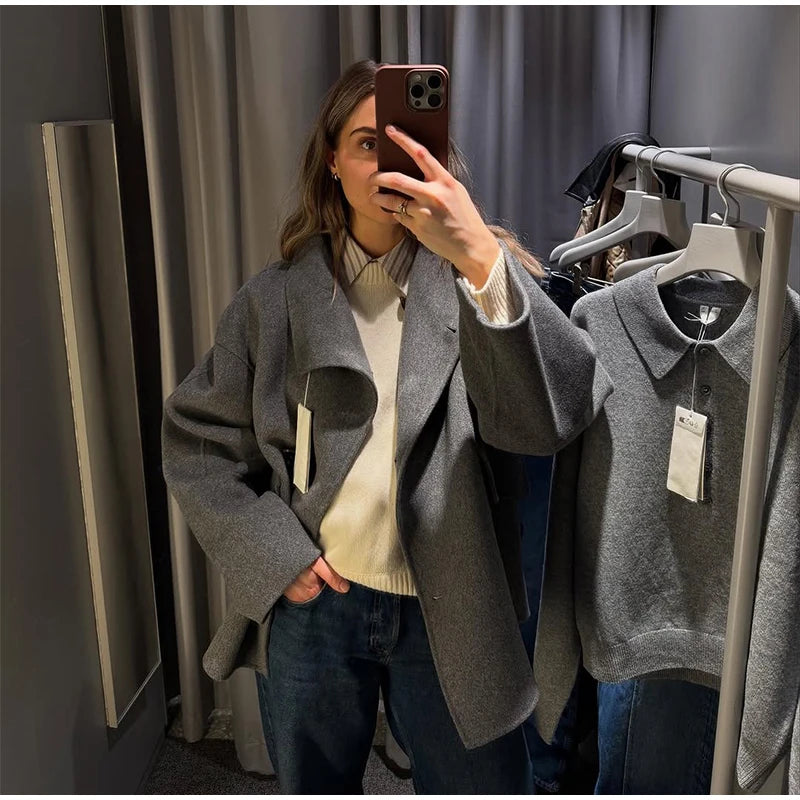 Elegant Woolen Single Breasted Jacket Women Loose Full Sleeve Big Pockets Lapel Outwear Lady 2026 Summer Autumn Coats Female