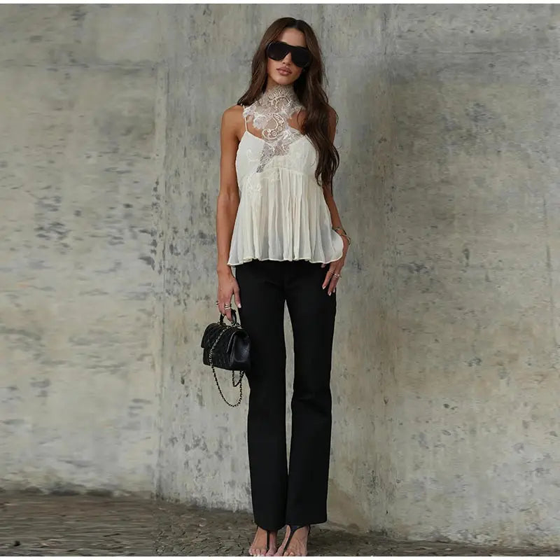 Fashion Asymmetric Floral Lace Halter Neck Cami Women's Sleeveless Chiffon Ruffle Hem Top 2026 Summer Lady Beach Vacation Wear