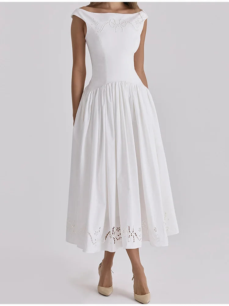 Minimalist White Boat Neck Midi Dress Women Elegant Cap Sleeve A-line Flare Eyelet Embroidery Vestido Wedding  Formal Party Gown