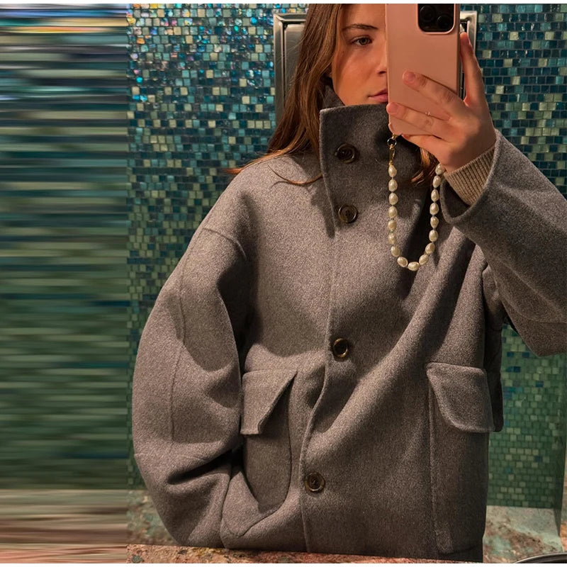 Elegant Woolen Single Breasted Jacket Women Loose Full Sleeve Big Pockets Lapel Outwear Lady 2026 Summer Autumn Coats Female