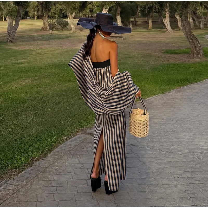 Fashion Stripe Capelet Strapless Dress Set Women's Detachable Shawl Loose Maxi Dresses 2026 Summer New Lady Casual Streetwear