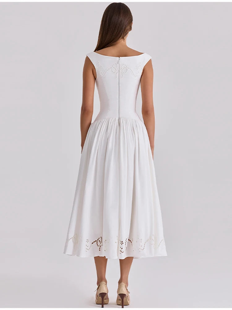 Minimalist White Boat Neck Midi Dress Women Elegant Cap Sleeve A-line Flare Eyelet Embroidery Vestido Wedding  Formal Party Gown