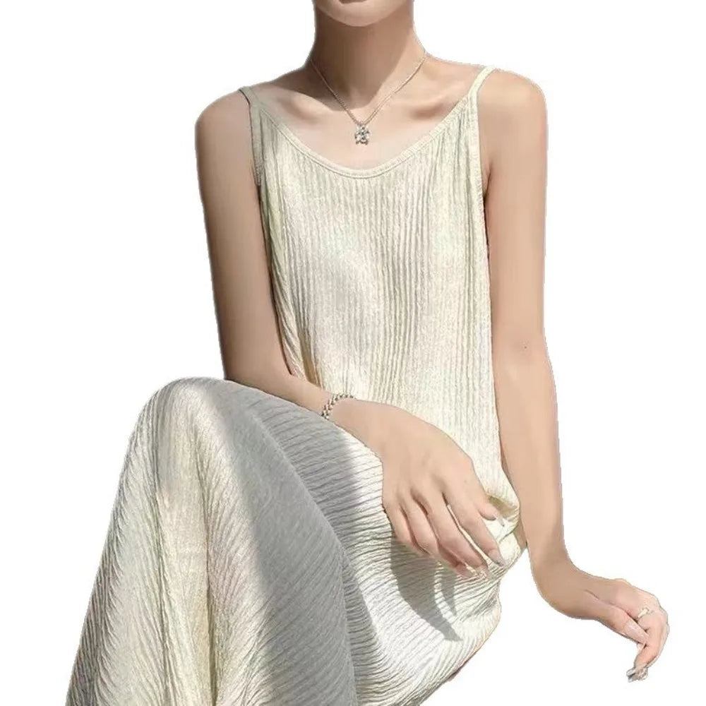 Cami Maxi Dress, French Style Loose Fit Sleeveless Casual Vacation Daily Summer Long Dress