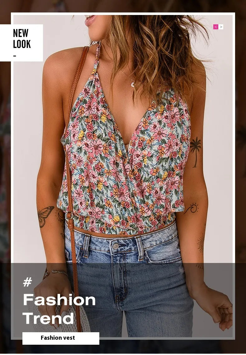 Multicolor Wrapped V Neck Floral Tank Crop Top