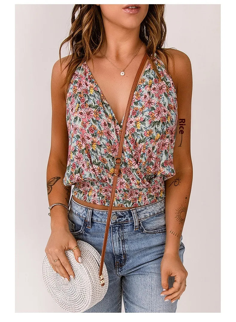 Multicolor Wrapped V Neck Floral Tank Crop Top