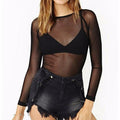 Black Transparent Mesh T-Shirt Women Long Sleeve Sexy See -through